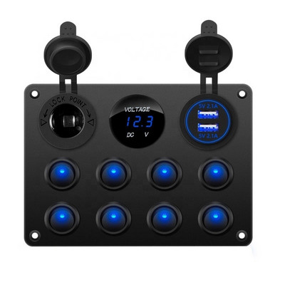 Αδιάβροχο 8 Gang Rocker Dual USB Charger Digital Voltmeter 12V Outlet Pre-Wired Switch Panel with Circuit Breakers