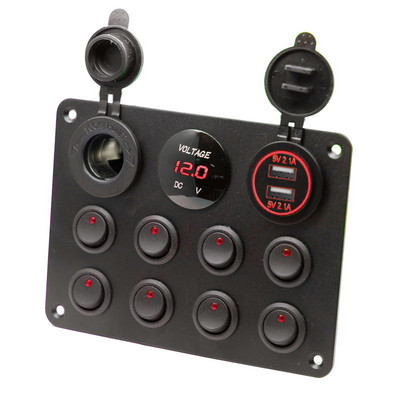Ūdensnecaurlaidīgs 8 Gang Rocker Dual USB Charger Digital Voltmeter 12V Outlet Iepriekš vadu slēdža panelis ar strāvas slēdžiem