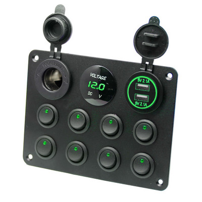 Ūdensnecaurlaidīgs 8 Gang Rocker Dual USB Charger Digital Voltmeter 12V Outlet Iepriekš vadu slēdža panelis ar strāvas slēdžiem