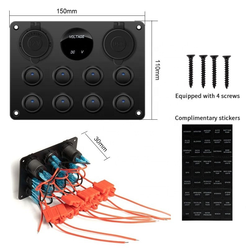 Ūdensnecaurlaidīgs 8 Gang Rocker Dual USB Charger Digital Voltmeter 12V Outlet Iepriekš vadu slēdža panelis ar strāvas slēdžiem