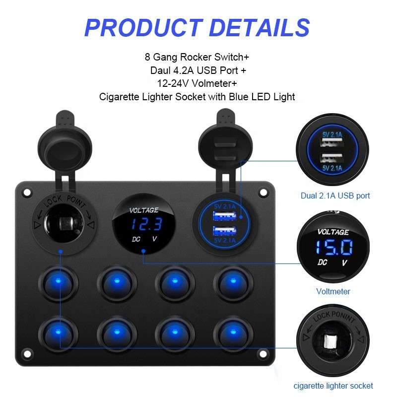 Ūdensnecaurlaidīgs 8 Gang Rocker Dual USB Charger Digital Voltmeter 12V Outlet Iepriekš vadu slēdža panelis ar strāvas slēdžiem