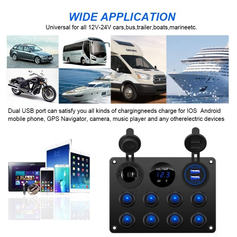 Ūdensnecaurlaidīgs 8 Gang Rocker Dual USB Charger Digital Voltmeter 12V Outlet Iepriekš vadu slēdža panelis ar strāvas slēdžiem
