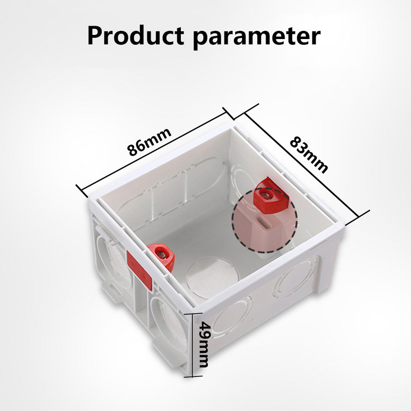 Montāžas kārba EU regulējama balta sarkana zila iekšējā kasete universāls slēdzis un kontaktligzdas vadu aizmugures kaste 86 * 83 * 49 mm 86 tipam