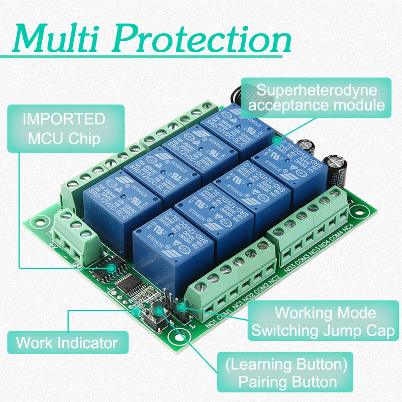 DC12V 8CH juhtmevaba nutikas kodu kaugjuhtimispult lüliti vastuvõtja relee moodul kontroller TX 8 nuppu 433 MHz RF saatja