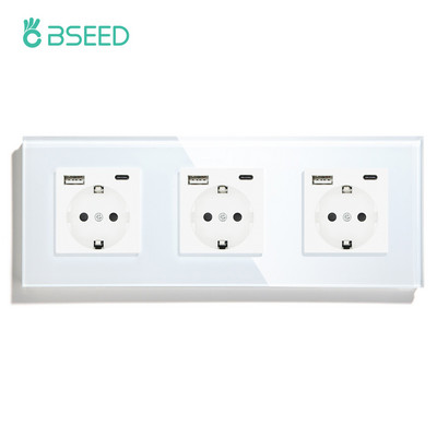 BSEED EU standartinis vieno maitinimo lizdo krištolinis skydelis 16A dvigubas sieninis lizdas trigubas lizdas stiklinis keturvietis sieninis lizdas