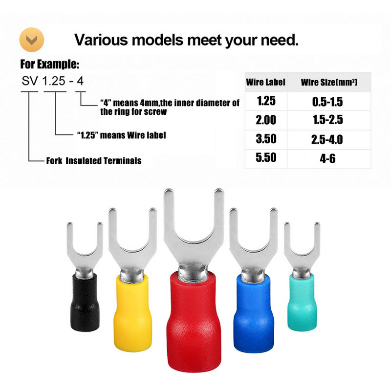 100 gab. SV gofrēšanas spailes lāpstas dakšas savienotājs vads vara gofrētais savienotājs izolēts vada tapas gala spaile SV1.25/2/3.5/5.5