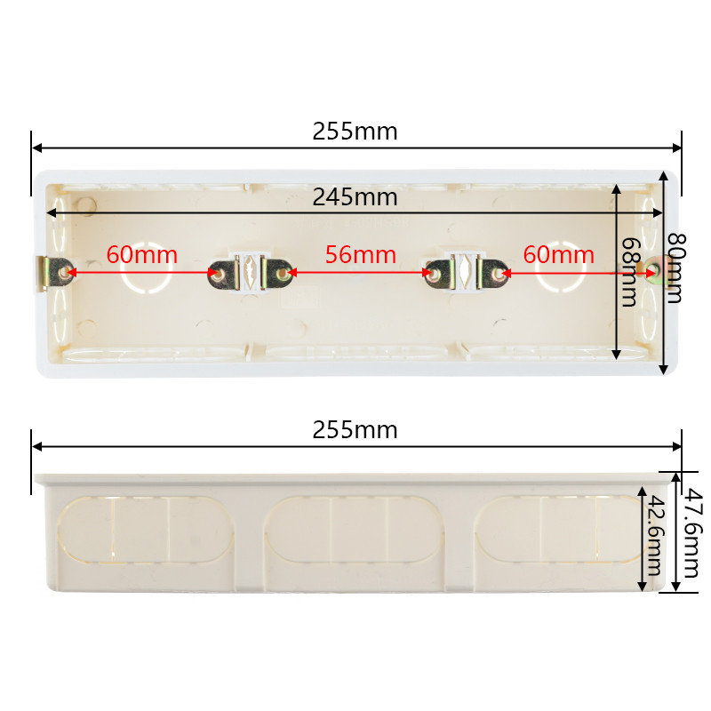 Unutarnja instalacijska kutija Ožičenje Stražnja unutrašnjost Razvodna kutija Razvodna kutija Kaseta Tamna kutija za trostruku utičnicu i prekidač 258mm*86mm