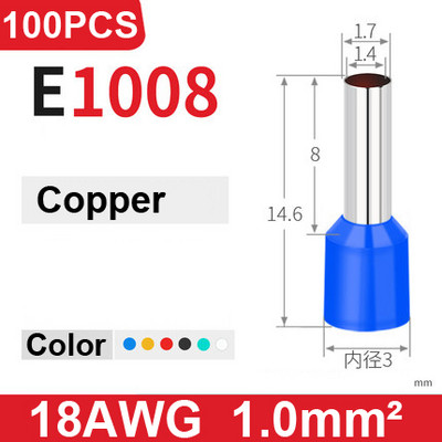 100 tk E0508 E7508 E1008 E1508 E2508 isoleeritud ümbrised Klemmiploki Juhtme otsa juhtme pistik Elektriline pressimine Terminaatori Kriim