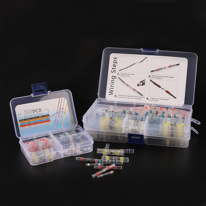 50/100/120/150/250/400 PCS kastē ūdensnecaurlaidīgs lodēšanas blīvējums, uzmavas savienojuma spailes, termiski saraušanās elektrisko vadu sadursmes savienotāji
