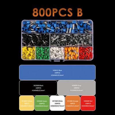 800 KOM VE cjevasta terminalna kutija pakirana u električnu cijevnu ferulu Terminal s izoliranim žičanim konektorom Komplet za stezanje stezaljki