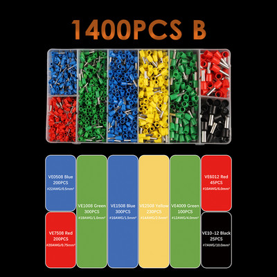 1400PCS kabelske žice konektor električni cijev stezaljke više stilova kutije predizolirani crimping Sleeve terminal odijelo