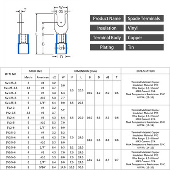 100PCS SV2-3/4/5/6 Insolated Spade Terminal Block Log Crimp Cable Wire Forked End Insulation Terminal 16~14AWG