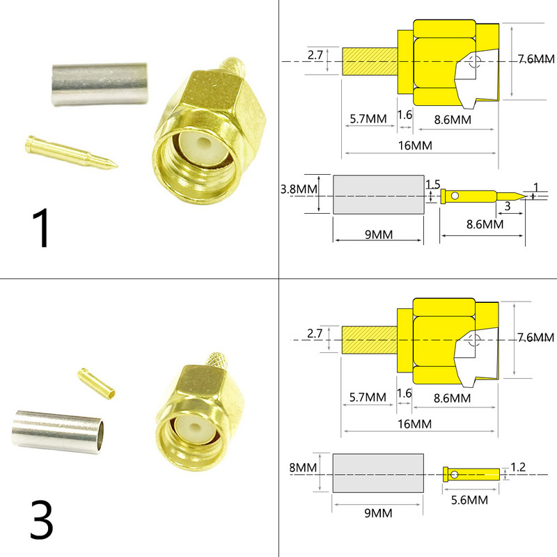 Novi 1-10PCS SMA muški utikač Ženski Jack /RP RF koaksijalni konektor Krimp za LMR100 RG174 RG316 kabel Ravni pozlaćeni adapter