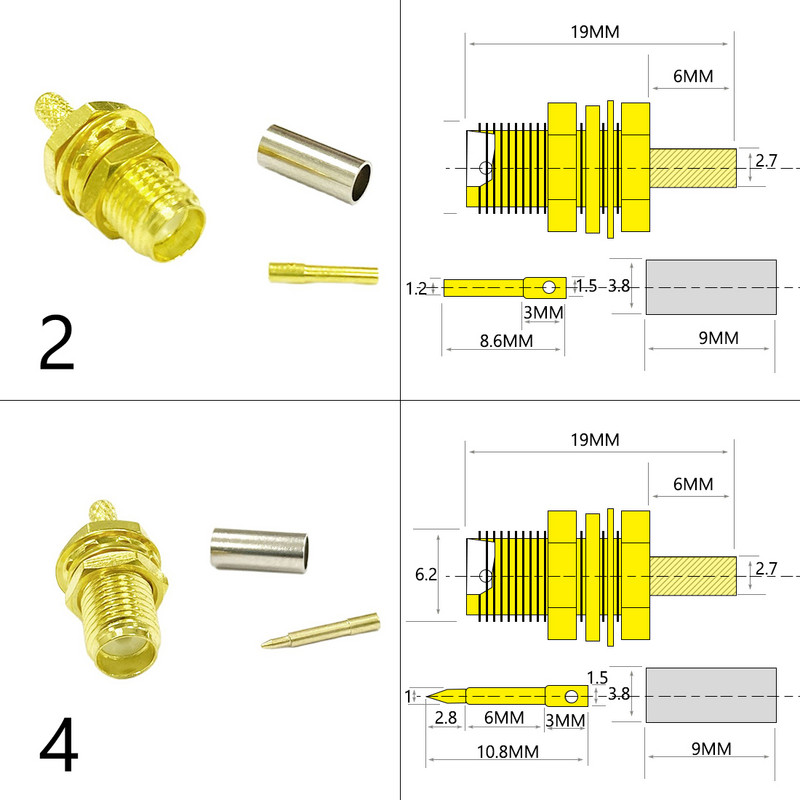 Novi 1-10PCS SMA muški utikač Ženski Jack /RP RF koaksijalni konektor Krimp za LMR100 RG174 RG316 kabel Ravni pozlaćeni adapter