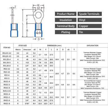 100PCS RV2-3.2 RV2-4 RV2-5 RV2-6 RV2-8 RV2-10 Καλώδιο ακροδεκτών με μόνωση δακτυλίου Ακροδέκτης πτύχωσης 1,5-2,5 mm2 Σύνδεσμος καλωδίου