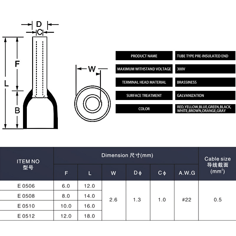 100kom/paket E0506 E0508 E0510 E0512 Izolirane ferule Terminal Block Završna žica kabela Konektor Električni završni završetak