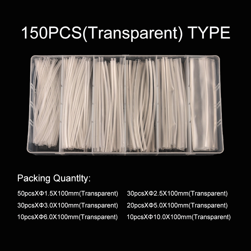 150PCS prozirno termoskupljajuće omotano skupljajuća izolacija termoskupljajuće kućište električnih kabela za automobil skupljajuća cijev komplet cijevi