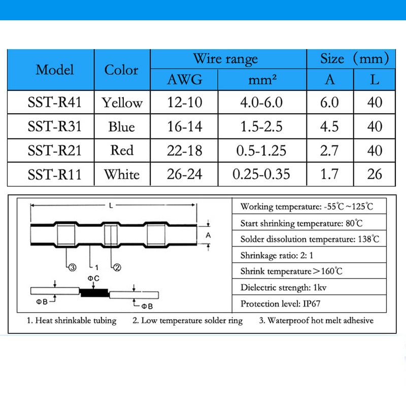 Ūdensizturīgs lodēšanas blīvējums uzmavas Termiski saraušanās sadursvadu savienotāji Elektriskie kabeļi Savienojumi Konservēti spailes dzelteni 4-6mm²/12-10AWG