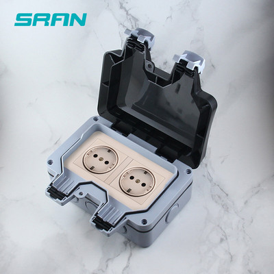 SRAN IP66 ilmastikukindel veekindel välistingimustes töötav must seina pistikupesa 16A 2 Gang EU standard elektrikontakt maandatud