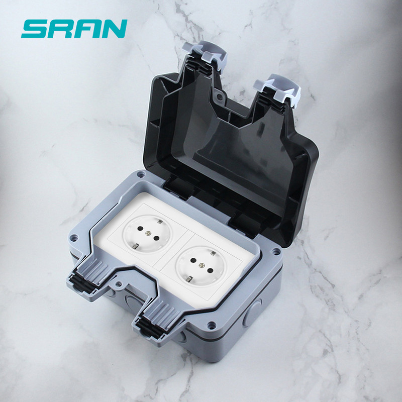 SRAN IP66 ilmastikukindel veekindel välistingimustes töötav must seina pistikupesa 16A 2 Gang EU standard elektrikontakt maandatud