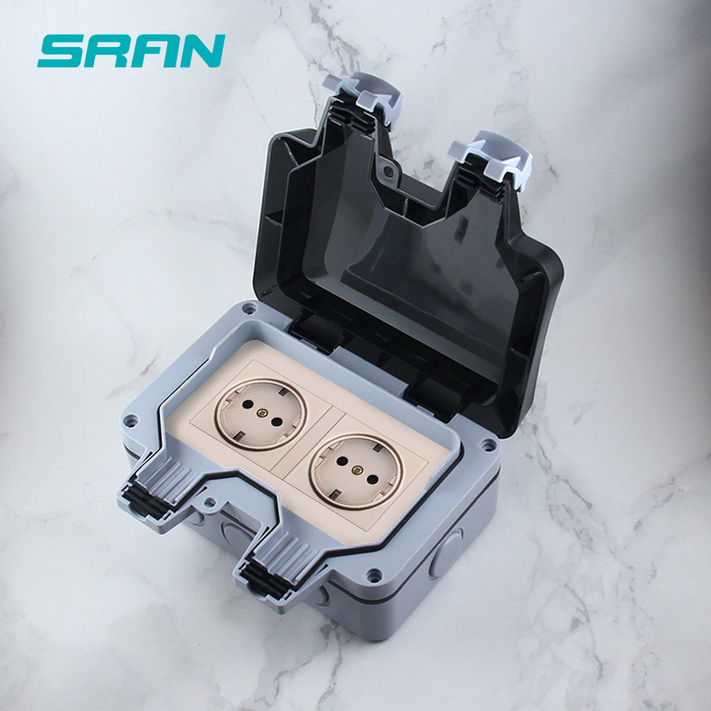 SRAN IP66 ilmastikukindel veekindel välistingimustes töötav must seina pistikupesa 16A 2 Gang EU standard elektrikontakt maandatud