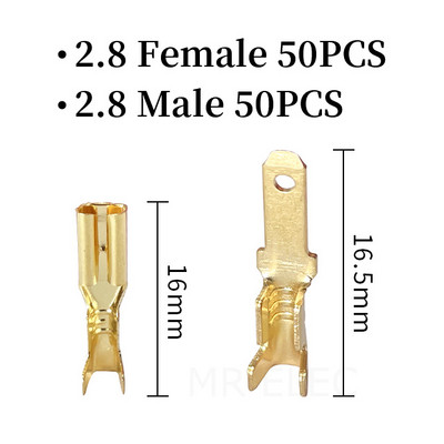 100gab./partija 2.8/4.8/6.3mm Sieviešu un vīriešu gofrēšanas termināla savienotājs Zelta misiņa/sudraba auto skaļrunis elektrisko vadu savienotāji 50 S