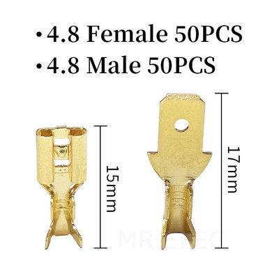 100gab./partija 2.8/4.8/6.3mm Sieviešu un vīriešu gofrēšanas termināla savienotājs Zelta misiņa/sudraba auto skaļrunis elektrisko vadu savienotāji 50 S