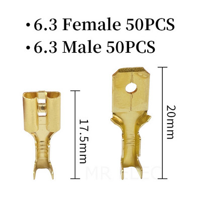 100gab./partija 2.8/4.8/6.3mm Sieviešu un vīriešu gofrēšanas termināla savienotājs Zelta misiņa/sudraba auto skaļrunis elektrisko vadu savienotāji 50 S