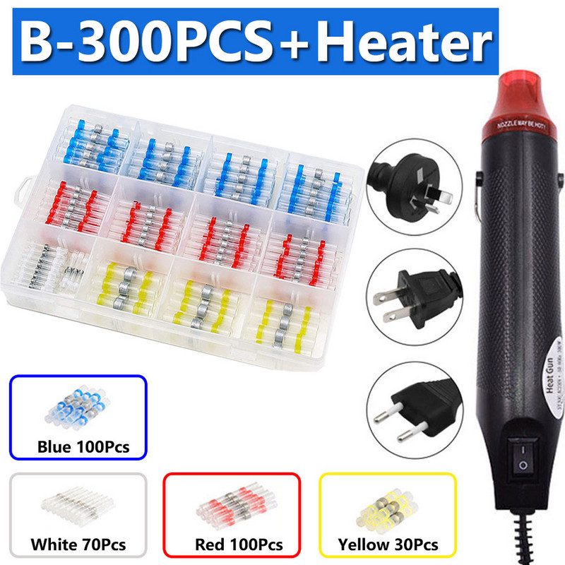 50/300 vnt. vandeniui atsparūs karščiui susitraukiantys užspaudimo gnybtai litavimo sandariklis Elektros laido kabelio sujungimo gnybtų rinkinys su karšto oro pistoletu