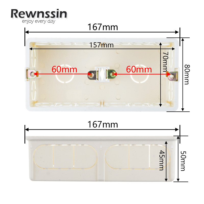 Rewnssin sienas balta plastmasas kasešu montāžas kārba, 172 tips 167mm-80mm-50mm, dubultā ligzda, iebūvēta instalācijas kastes sadales kārba