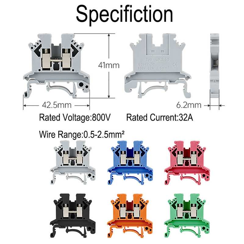 10 gab UK2.5 kabeļa savienotājs UK 2.5 skrūvējams elektriskais termins 2,5 mm vadu elektriskais savienotājs Din sliedes spaiļu bloks UK2.5B