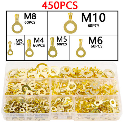 150/300/450PCS M3/M4/M5/M6/M8/M10 Gredzena uzgaļi Acis Vara gofrēšanas spailes Kabeļa uzmavas Vadu savienotājs Neizolēts sortimenta komplekts