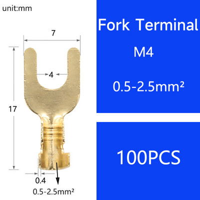 100 gab. M3 M4 M5 M6 misiņa dakšu lāpsta U-tipa neizolētu vadu savienotājs elektriskais gofrētais zemējuma spaile 0,5-2,5 mm