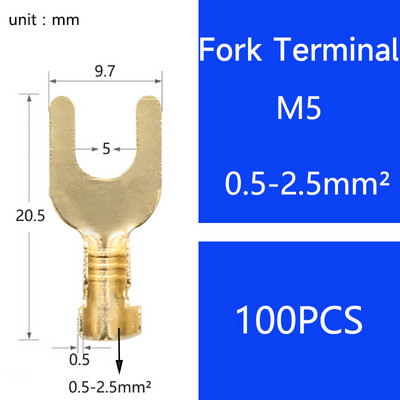 100 gab. M3 M4 M5 M6 misiņa dakšu lāpsta U-tipa neizolētu vadu savienotājs elektriskais gofrētais zemējuma spaile 0,5-2,5 mm