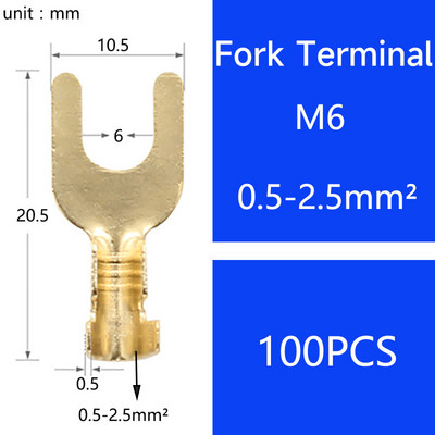 100 gab. M3 M4 M5 M6 misiņa dakšu lāpsta U-tipa neizolētu vadu savienotājs elektriskais gofrētais zemējuma spaile 0,5-2,5 mm