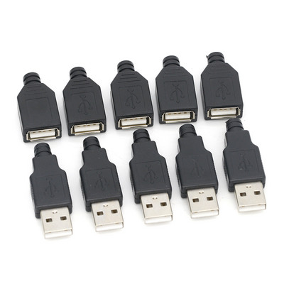 10 gab A tipa vīriešu sieviešu USB 4 kontaktu kontaktligzdas savienotājs ar melnu plastmasas vāciņu, A tipa DIY komplekti