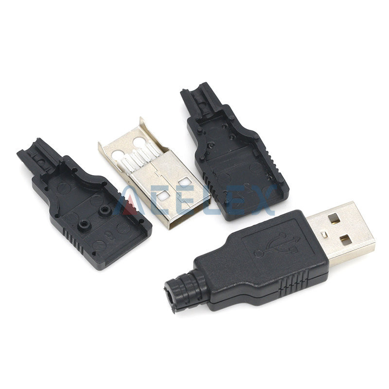 10 gab A tipa vīriešu sieviešu USB 4 kontaktu kontaktligzdas savienotājs ar melnu plastmasas vāciņu, A tipa DIY komplekti