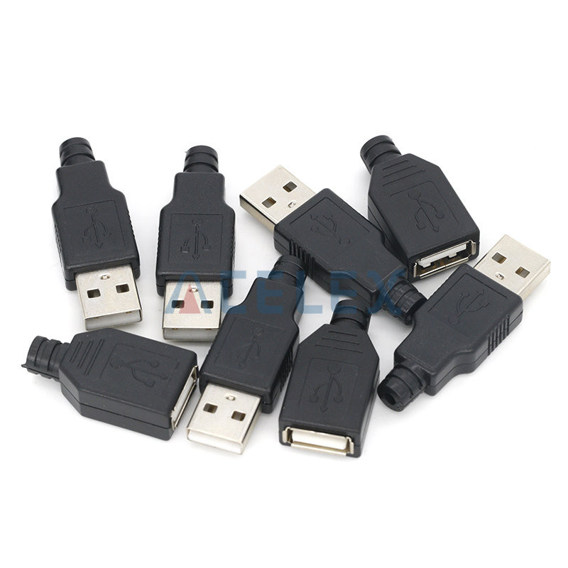 10 gab A tipa vīriešu sieviešu USB 4 kontaktu kontaktligzdas savienotājs ar melnu plastmasas vāciņu, A tipa DIY komplekti