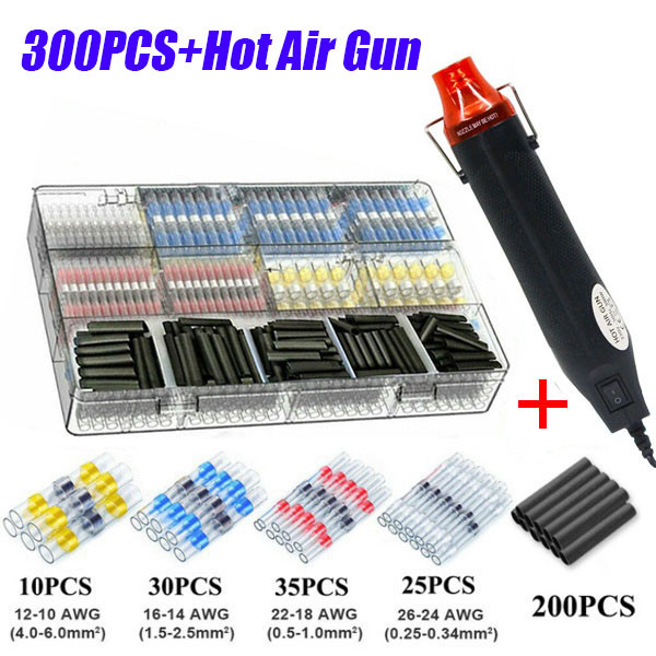 300 KOM Električnih termoskupljajućih stezaljki za spajanje vodootpornih lemljenih žica za spajanje kabela Komplet terminala s pištoljem za vrući zrak od 300 W