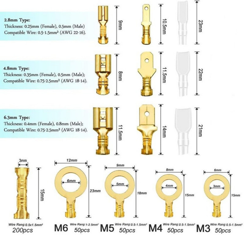 135/540/1051PCS muški ženski konektor žičane stezaljke za stezanje žice s izolacijskim rukavom Komplet asortimana 2,8 mm/ 4,8 mm/6,3 mm