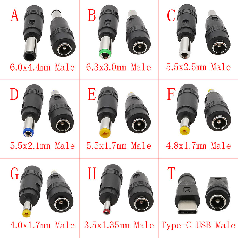 Līdzstrāvas barošanas vīrišķais-sieviešu adapteris 6,0x4,4mm 6,3x3,0mm 5,5x2,5mm 5,5x2,1mm 5,5x1,7mm 4,8x1,7mm 4,0x1,7mm 3,5x1,35 mm klēpjdatora savienotājs