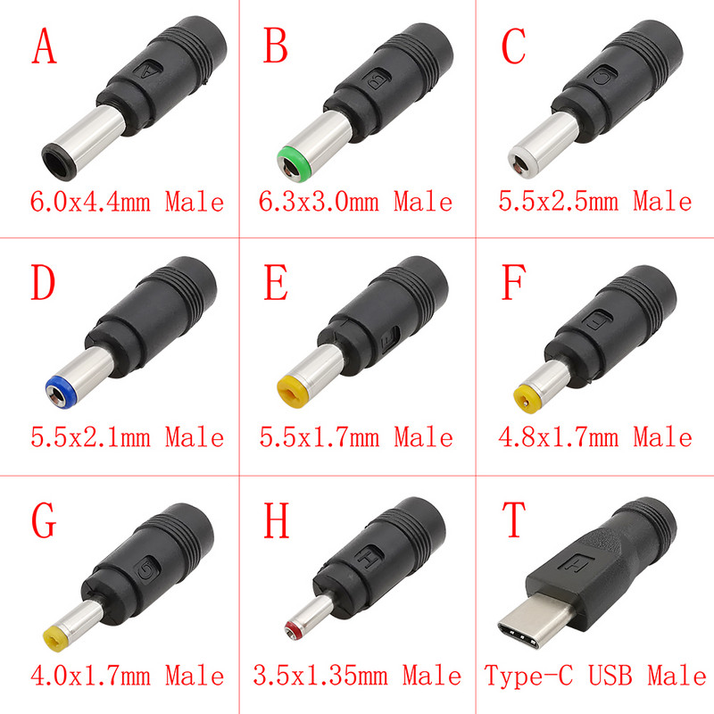 Līdzstrāvas barošanas vīrišķais-sieviešu adapteris 6,0x4,4mm 6,3x3,0mm 5,5x2,5mm 5,5x2,1mm 5,5x1,7mm 4,8x1,7mm 4,0x1,7mm 3,5x1,35 mm klēpjdatora savienotājs