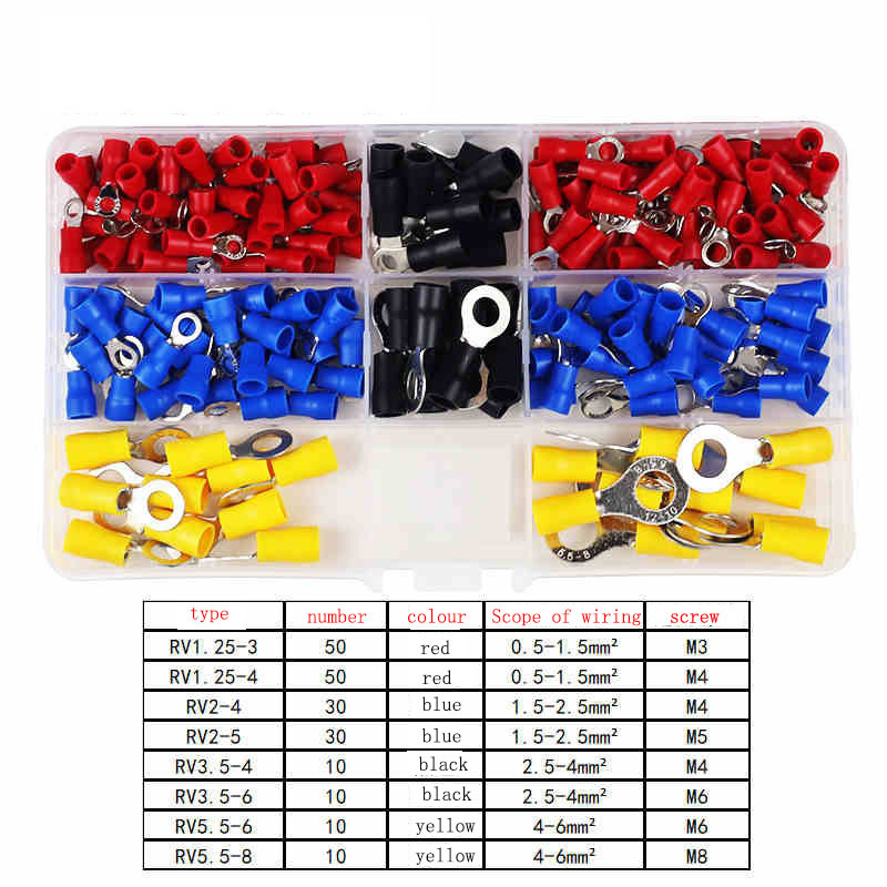 200kom RV električni prstenasti terminalni komplet za stezanje konektora s kutijom, bakrenom žicom izoliranom bakrenom žicom na kraju igle