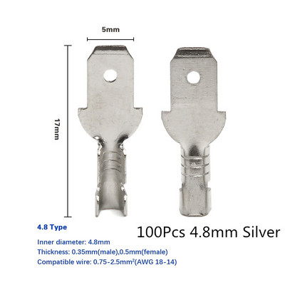 200/100 kom ženski stegnuti terminalni konektor 2,8/4,8/6,3 mm zlatno mesingani set konektora za električne žice za automobilske zvučnike 22-16 AWG