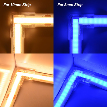 Конектори за LED ленти COB L-образна форма за 8 мм 10 мм 2 пина IP20 90 градуса без запояване на ъгли, комплект за бързо и лесно свързване с висока плътност
