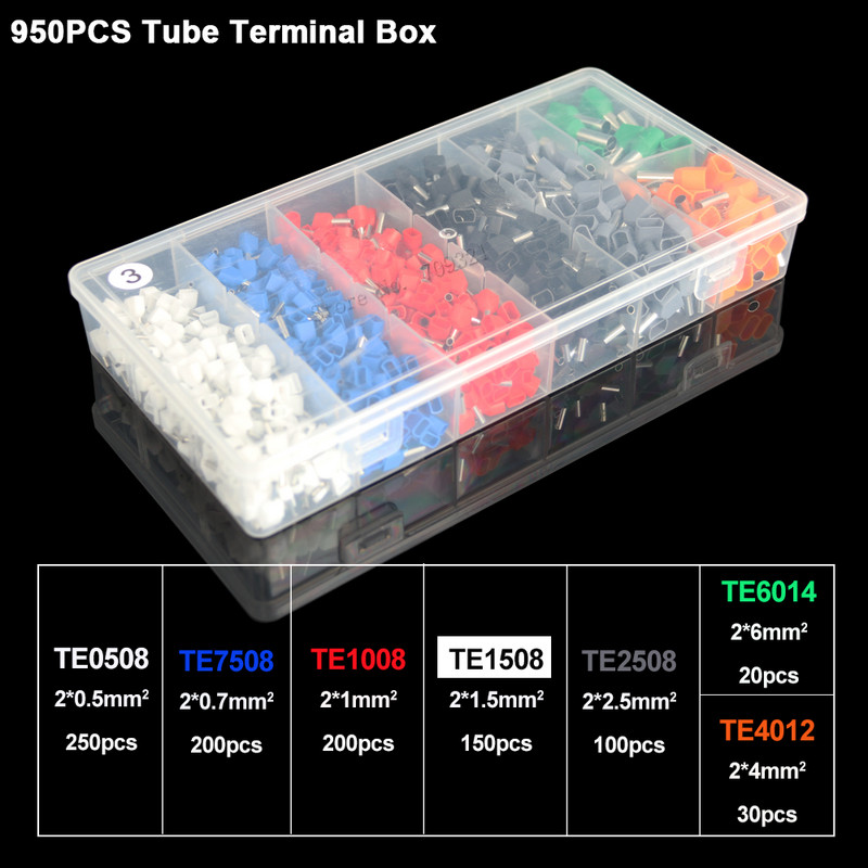 950 komada Dvožični cijevni terminalni komplet 2*0,5-6 mm2 ferulom izoliran dvostrukim ožičenjem Stezaljke za stezanje konektorskog kabela Komplet terminalnog odijela