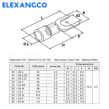 100Pcs SV1.25 Series Insolated Fork Spade U-Type Five Colors Wire connector Electrical crimp Terminal for 22-16AWG 1,5mm Cable