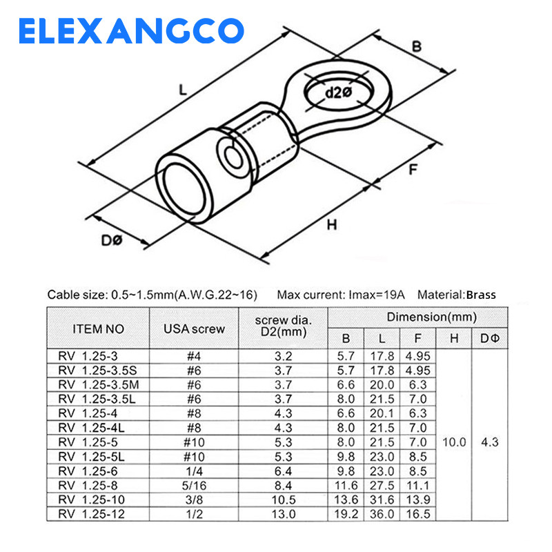 100kom RV1.25 serija izoliranih prstenastih stezaljki za spajanje električne žice za 22-16 AWG 0,5-1,5 mm kabel