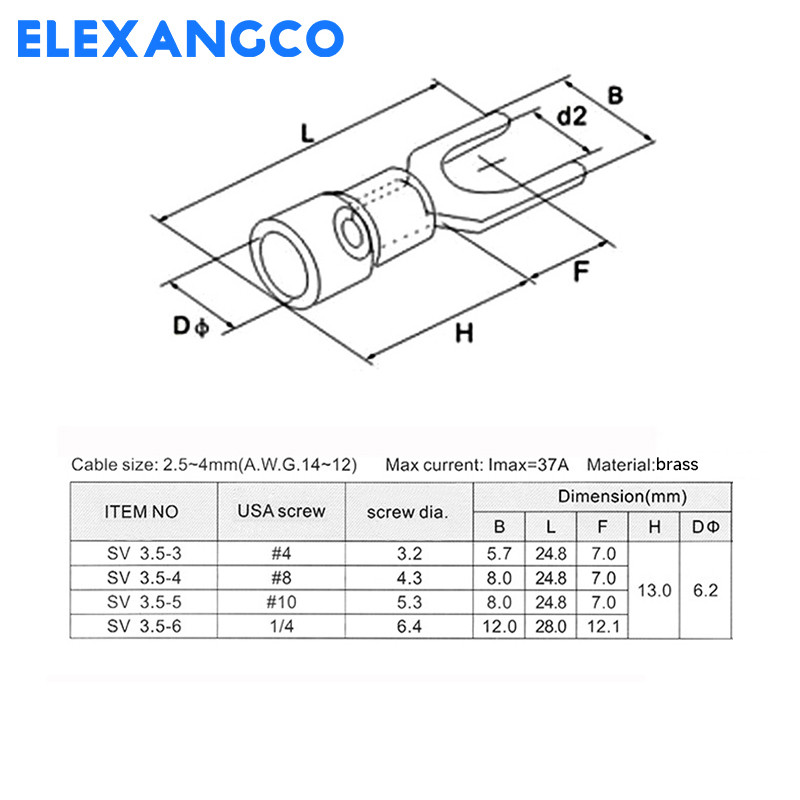 50 gab SV3.5 sērijas izolētas dakšu lāpstas U veida vadu savienotāja elektriskās saspiestās spailes 14-12AWG 2,5-4 mm kabelim
