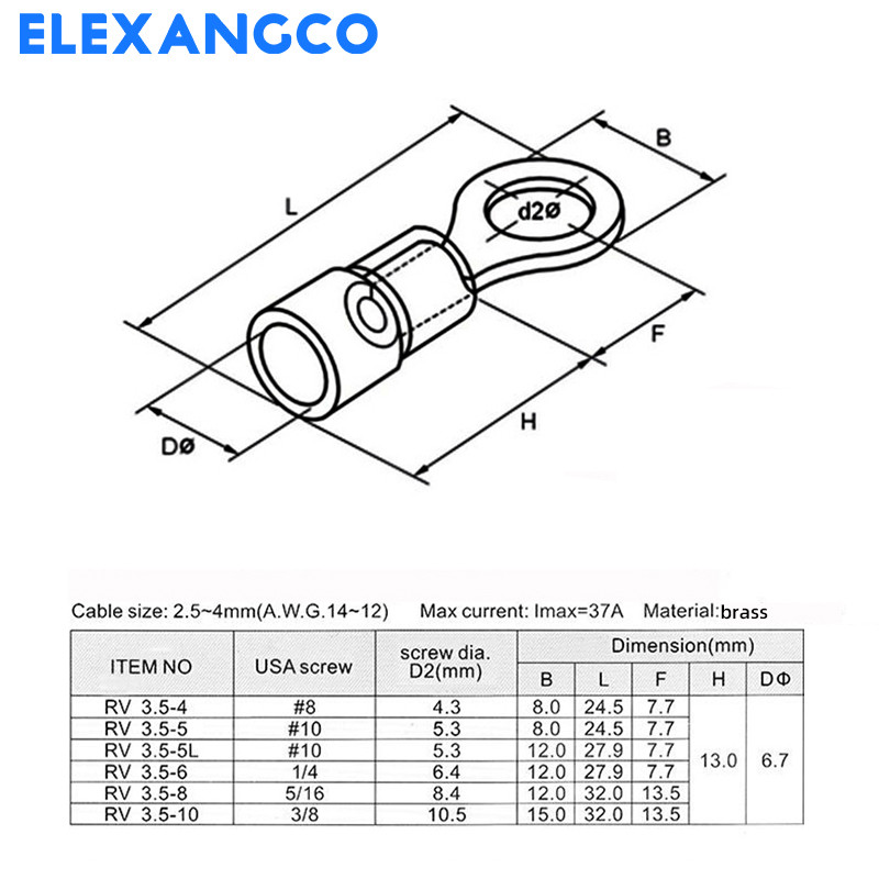 50 kom RV3.5 serija izoliranih prstenastih stezaljki za spajanje električne žice za 14-12 AWG 2,5-4 mm kabel